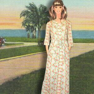 Vintage 1970s Mod Heart Peace Doves Green Print Long Kimono Robe w Belt Small